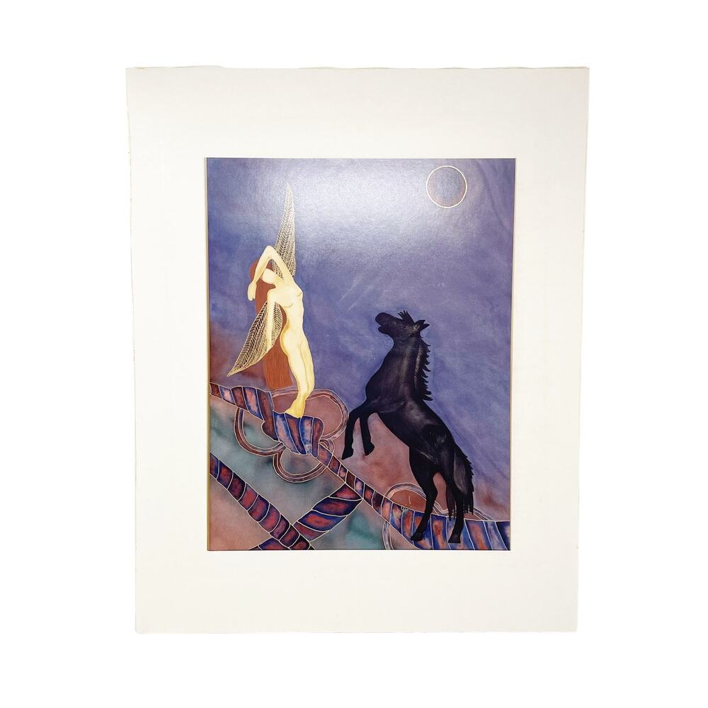 Unframed Woman Angel Art with Black Horse Full Moon Signed Print Moody Celestial